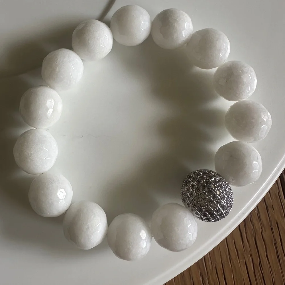White Jade Statement Bracelet | 12mm Beaded Stretch | Silver Pavé Luxe Accent